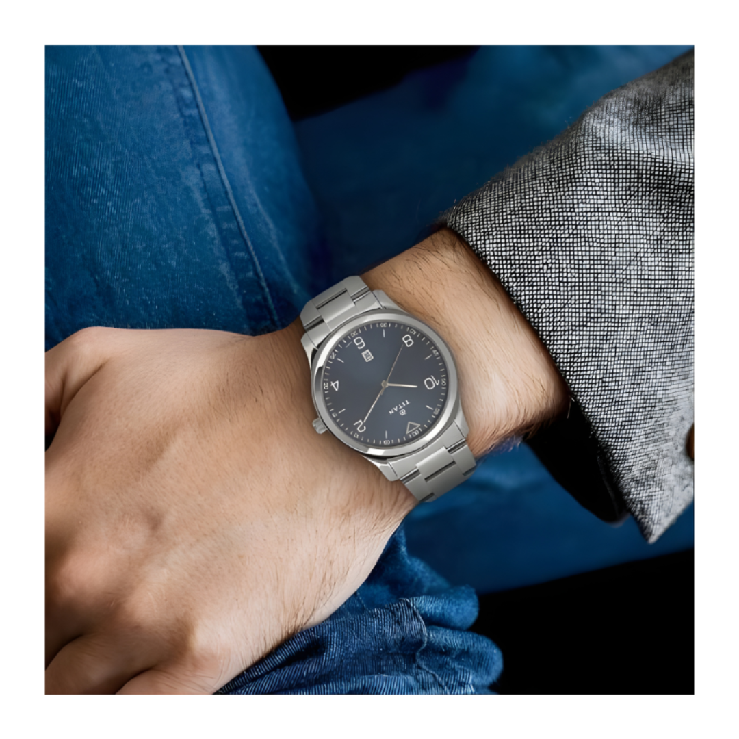 Titan 1770SM03 | Titan Workwear Blue Dial Analog with Date Stainless Steel Strap watch for Men