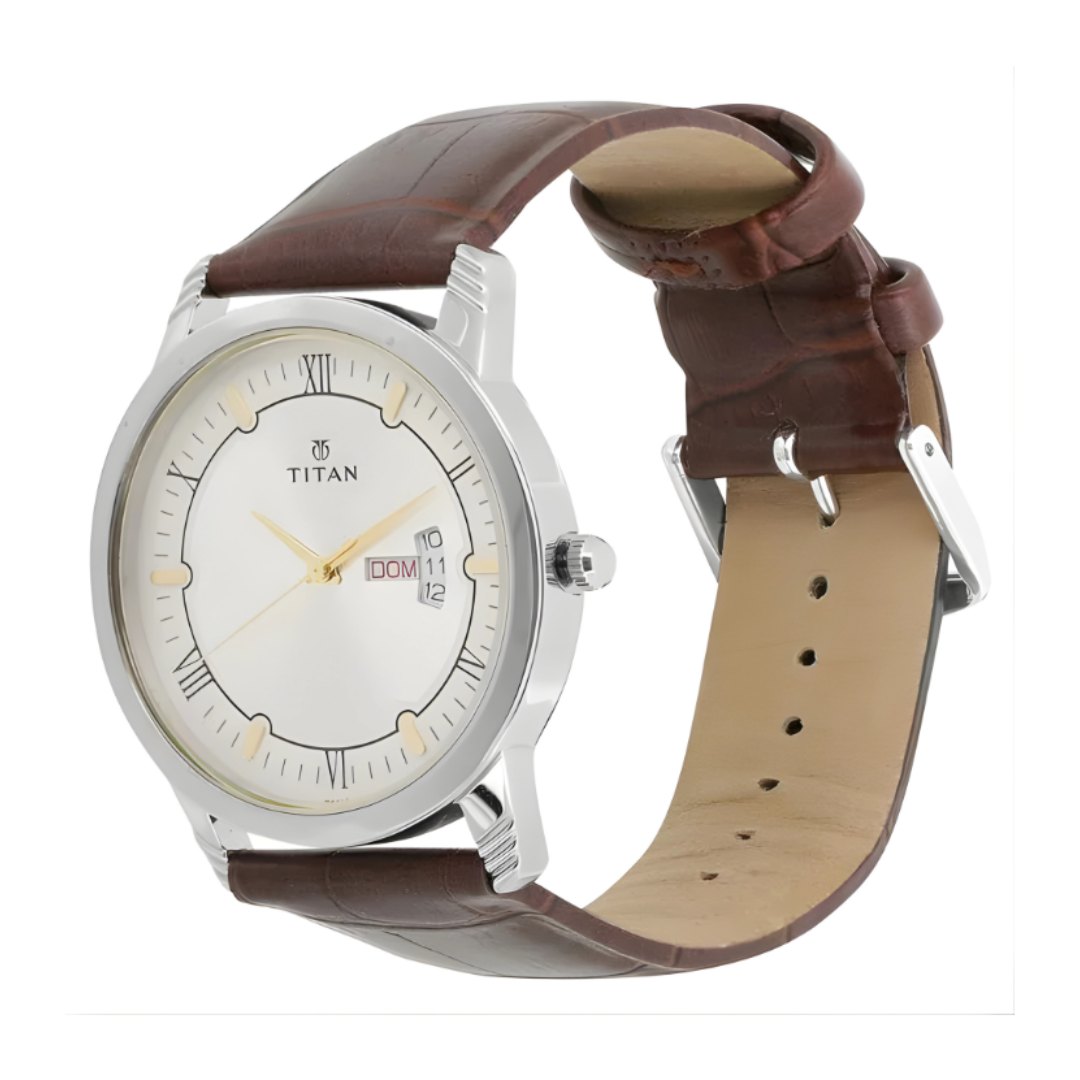 Titan 1774SL01 | Titan Quartz Analog with Day and Date Silver Dial Leather Strap Watch for Men