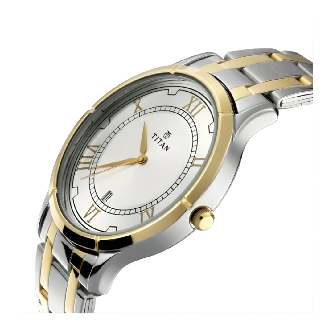 Titan 17752481BM01 |Titan Bandhan Quartz Analog with Date Silver Round Dial Two Toned Stainless Steel Strap Watch For Couple