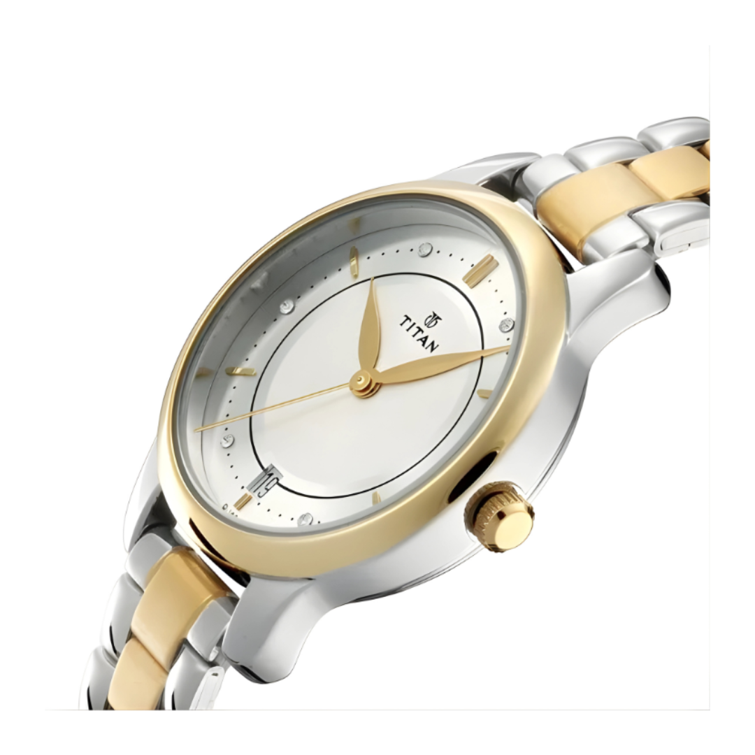 Titan 17752481BM01 |Titan Bandhan Quartz Analog with Date Silver Round Dial Two Toned Stainless Steel Strap Watch For Couple