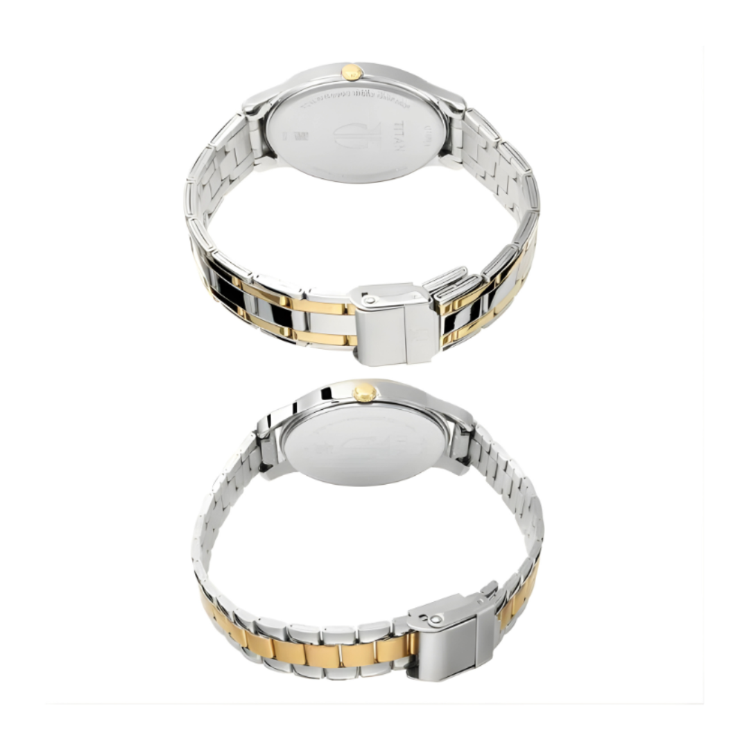 Titan 17752481BM01 |Titan Bandhan Quartz Analog with Date Silver Round Dial Two Toned Stainless Steel Strap Watch For Couple