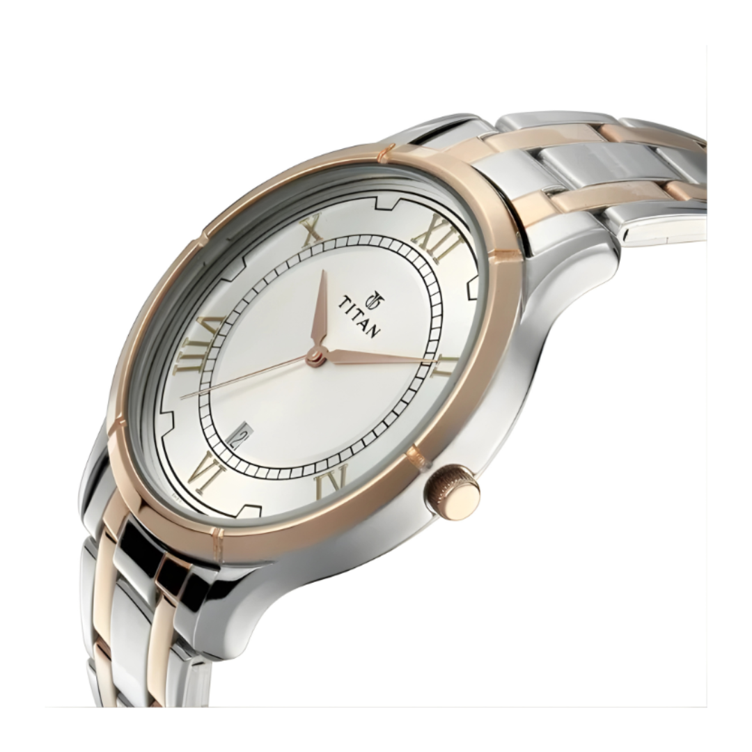 Titan 17752481KM01P | Titan Bandhan Quartz Analog with Date Silver Dial Two Toned Stainless Steel Strap Watch For Couple