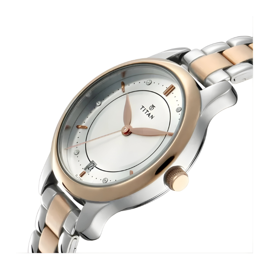 Titan 17752481KM01P | Titan Bandhan Quartz Analog with Date Silver Dial Two Toned Stainless Steel Strap Watch For Couple