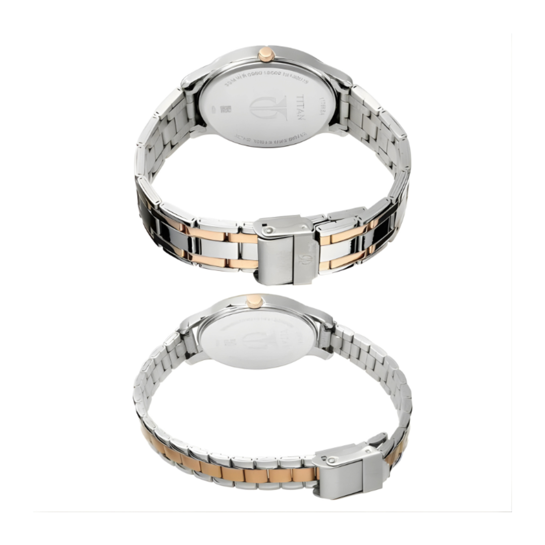 Titan 17752481KM01P | Titan Bandhan Quartz Analog with Date Silver Dial Two Toned Stainless Steel Strap Watch For Couple