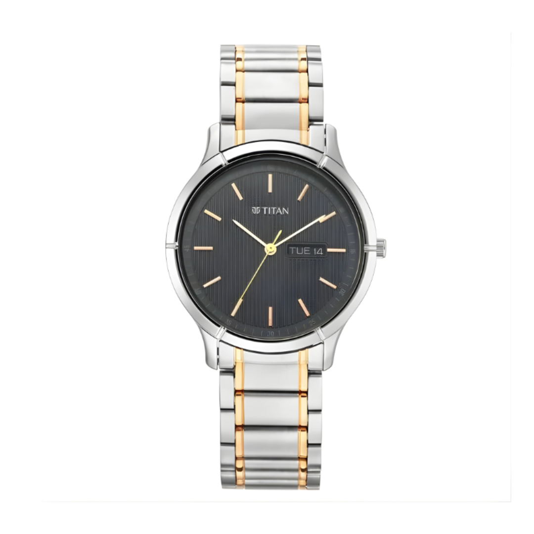 Titan 1775KM01 | Titan Quartz Analog with Day and Date Black Dial Metal Strap Watch for Men
