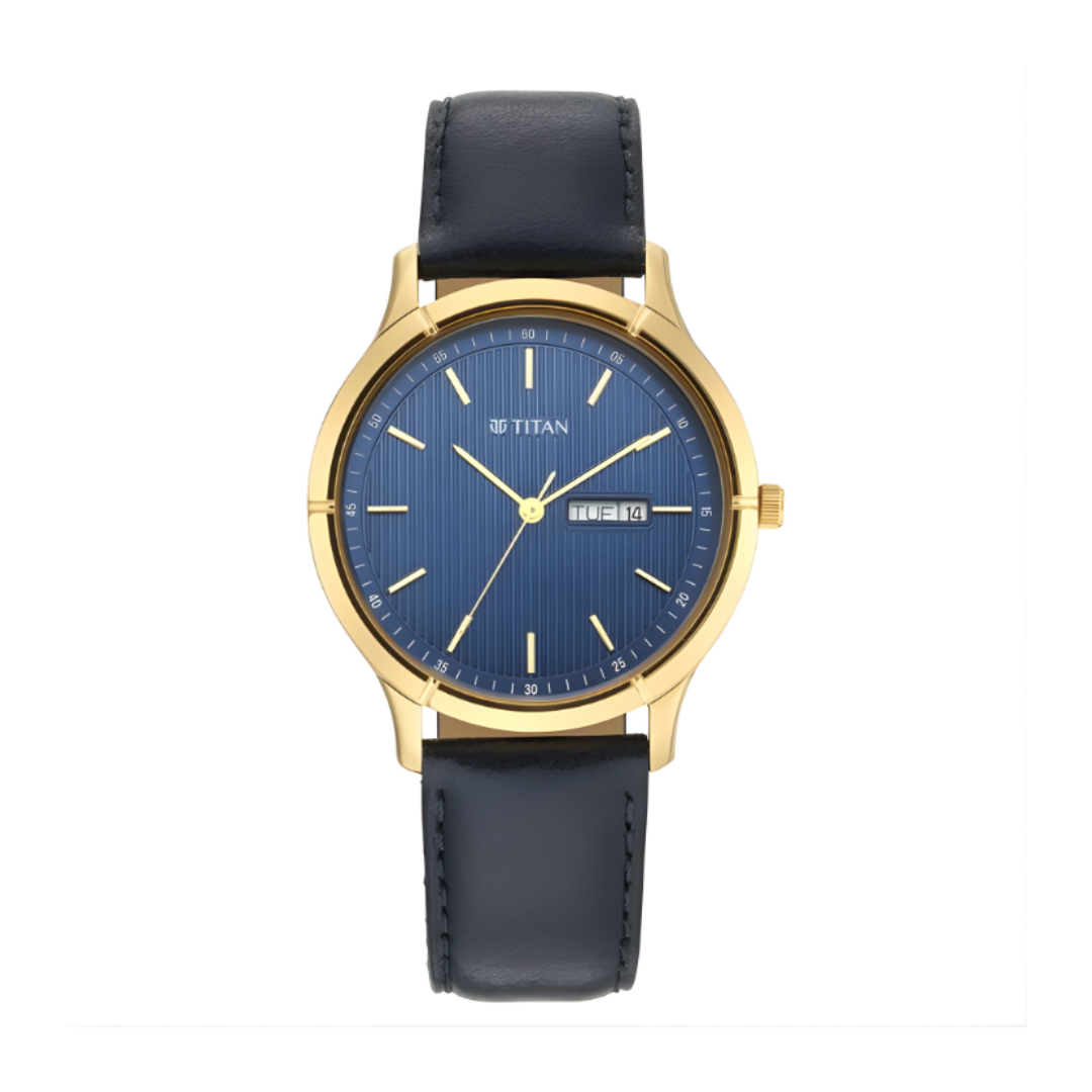 Titan 1775YL02 | Titan Lagan Blue Dial Analog with Day and Date Leather Strap Watch for Men