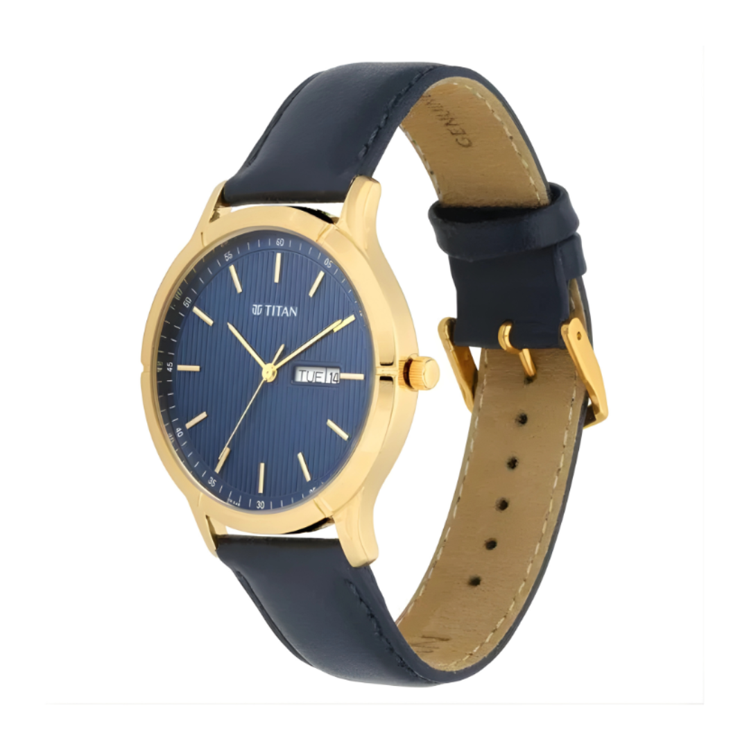 Titan 1775YL02 | Titan Lagan Blue Dial Analog with Day and Date Leather Strap Watch for Men