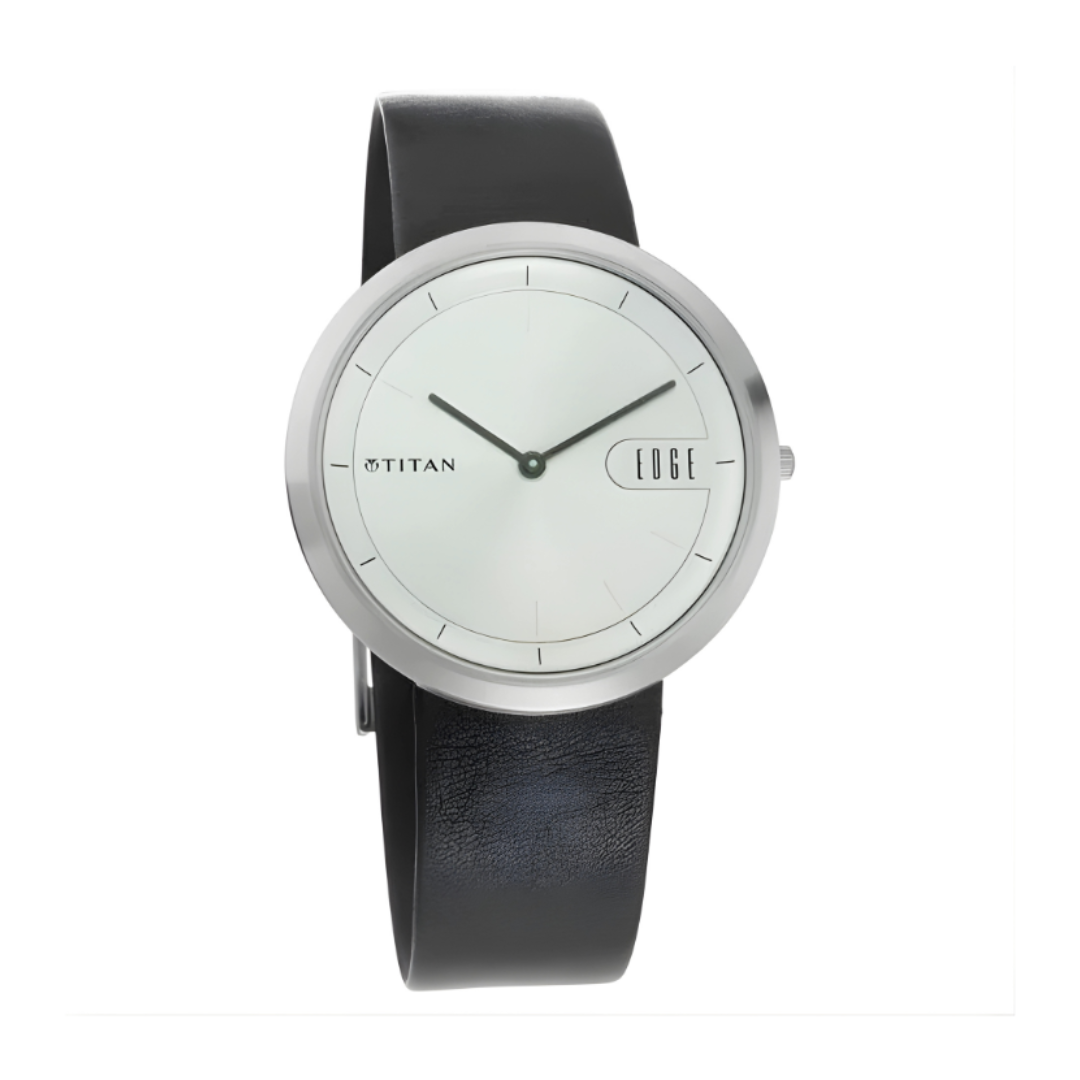 Titan 7779SL01 | Titan Edge Zen Quartz Analog Silver Dial Black Leather Strap Watch For Men