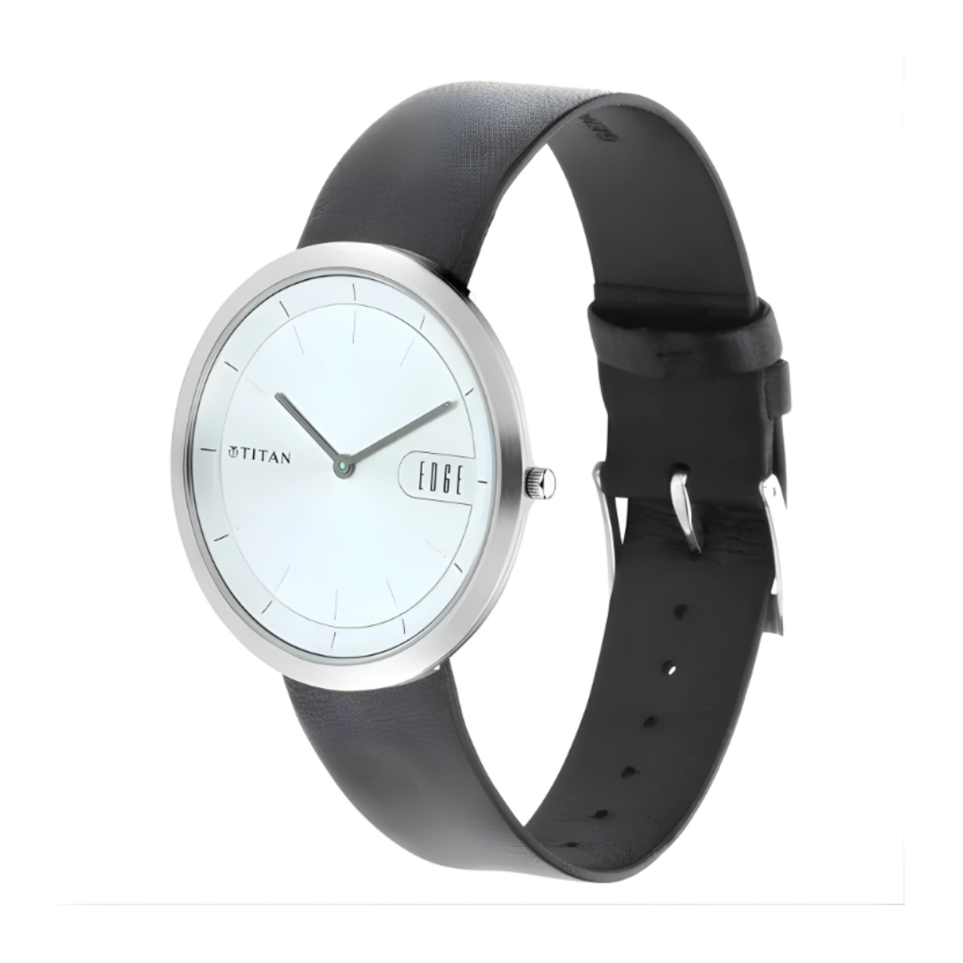 Titan 7779SL01 | Titan Edge Zen Quartz Analog Silver Dial Black Leather Strap Watch For Men