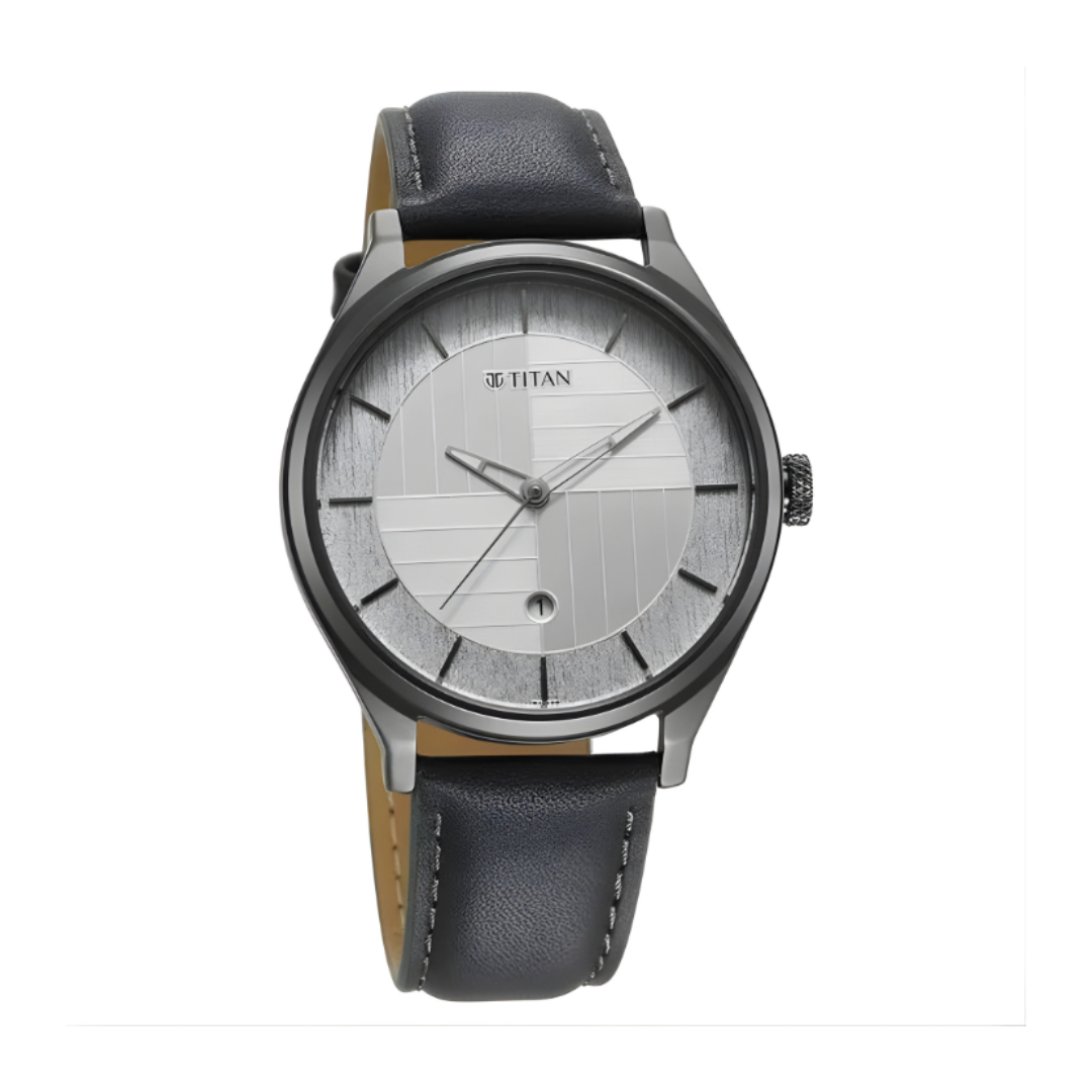 Titan 1802QL01 | Titan Neo Economy Quartz Analog with Date Silver Dial Grey Leather Strap Watch For Men
