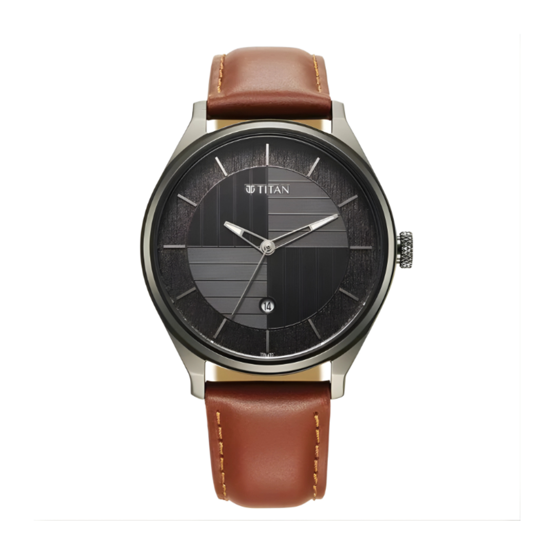 Titan 1802QL03 Titan Neo Economy Quartz Analog with Date Grey Dial Brown Leather Strap Watch For Men