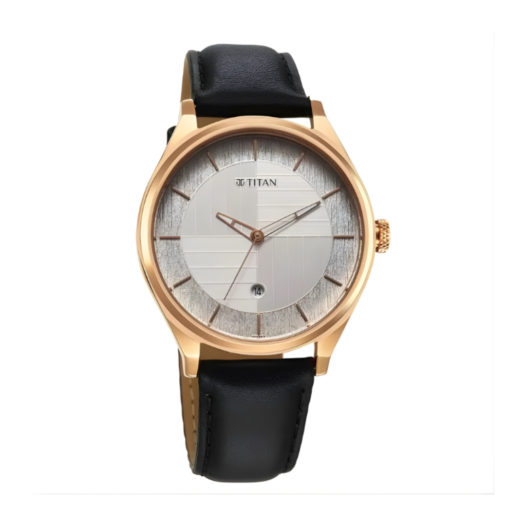 Titan 1802WL02 | Titan Neo Economy Quartz Analog with Date Silver Dial Black Leather Strap Watch For Men