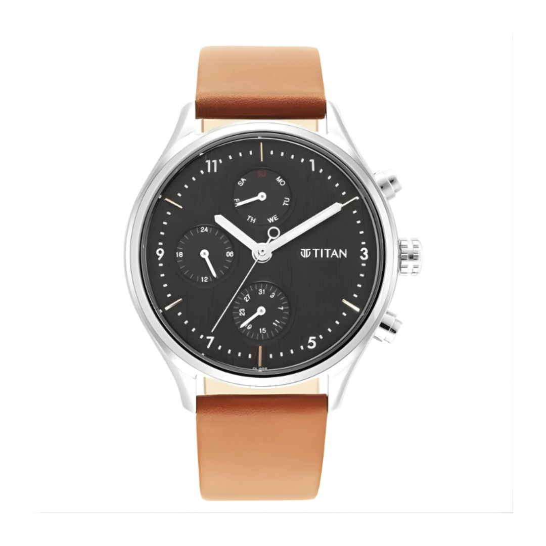 Titan 1803SL02 | Titan Neo Black Dial Quartz Multifunction Leather Strap watch for Men