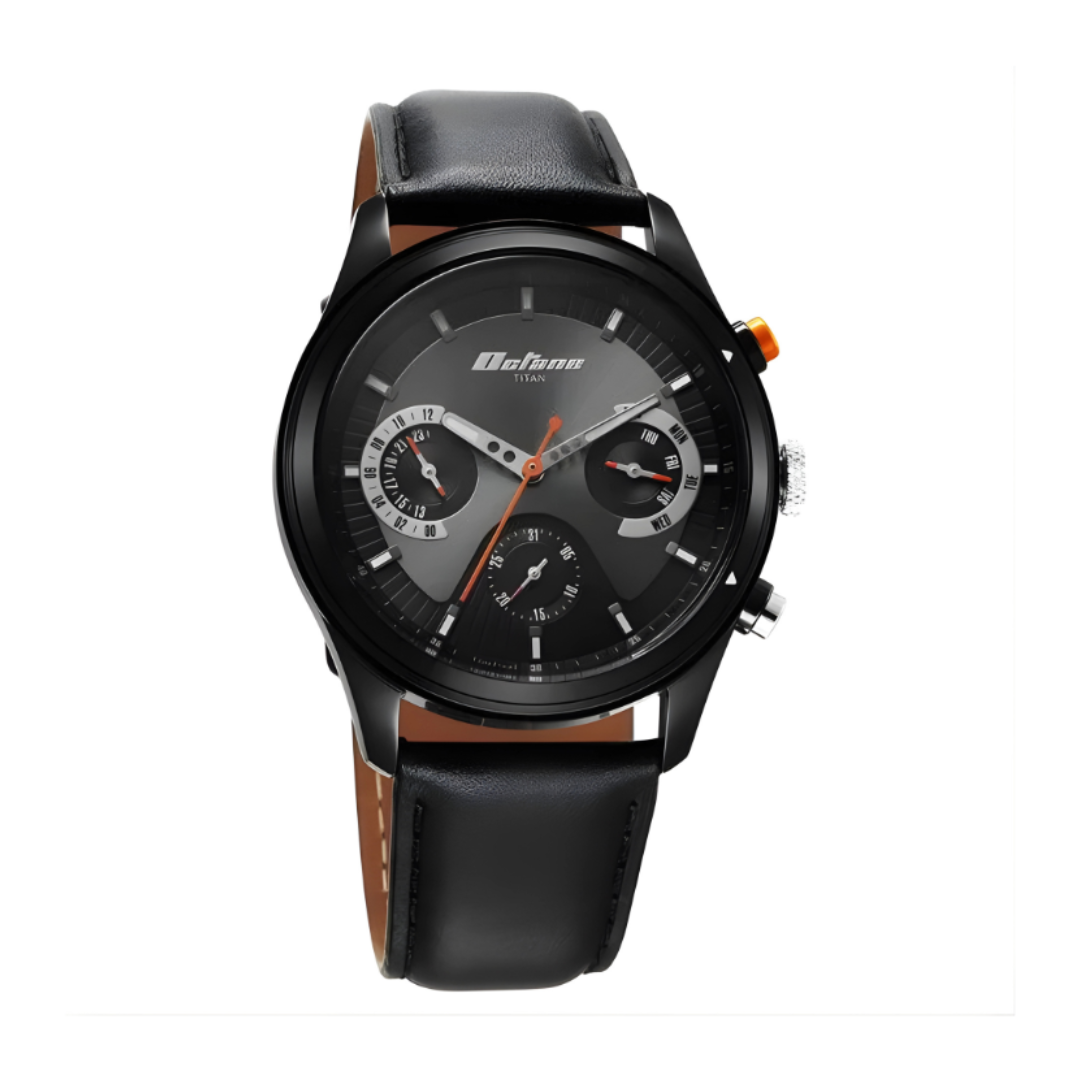 Titan 1805KL02 | Titan Octane Quartz Multifunction Black Dial With Black Leather Strap Watch For Men