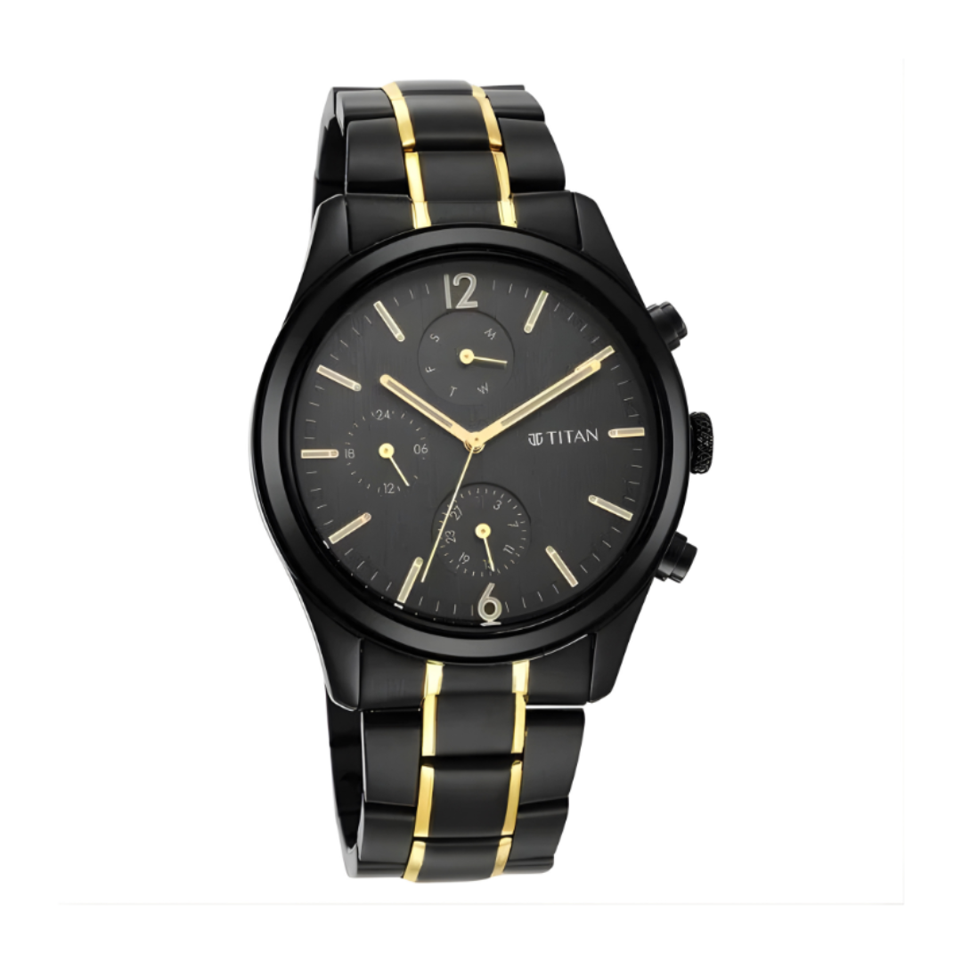 Titan 1805KM03 | Titan Black and Gold Anthracite Dial Analog Stainless Steel Strap watch for Men