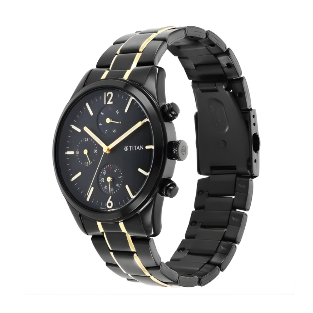 Titan 1805KM03 | Titan Black and Gold Anthracite Dial Analog Stainless Steel Strap watch for Men