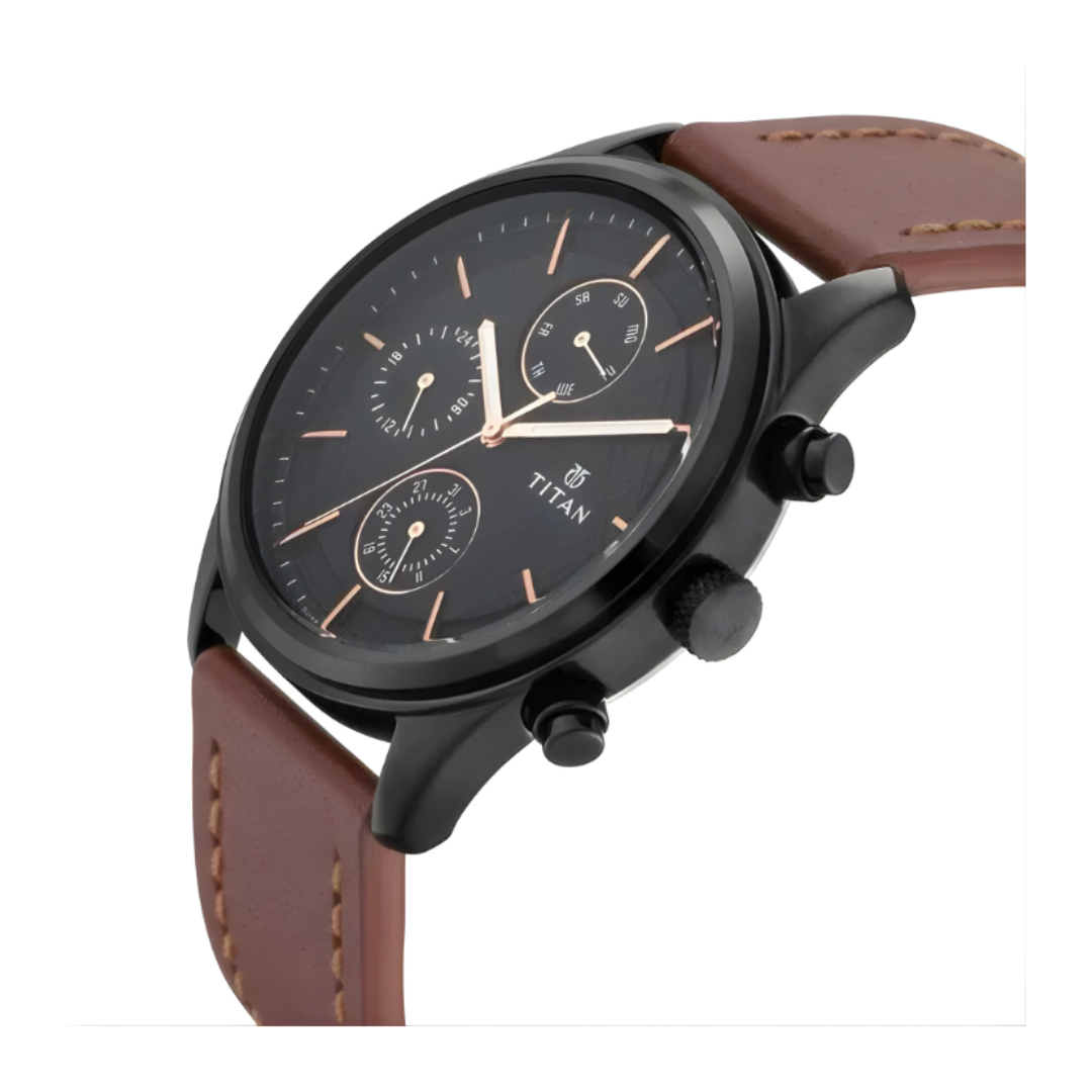 Titan 1805NL01 | Titan Workwear Multifunction Black Dial Brown Leather Strap Watch For Men