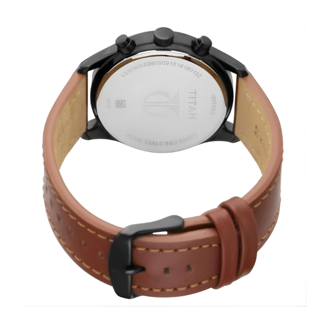 Titan 1805NL01 | Titan Workwear Multifunction Black Dial Brown Leather Strap Watch For Men