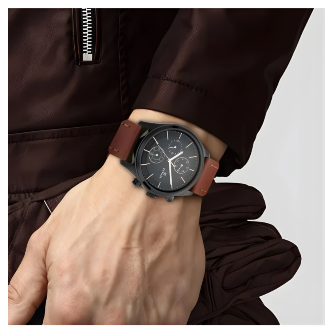 Titan 1805NL01 | Titan Workwear Multifunction Black Dial Brown Leather Strap Watch For Men