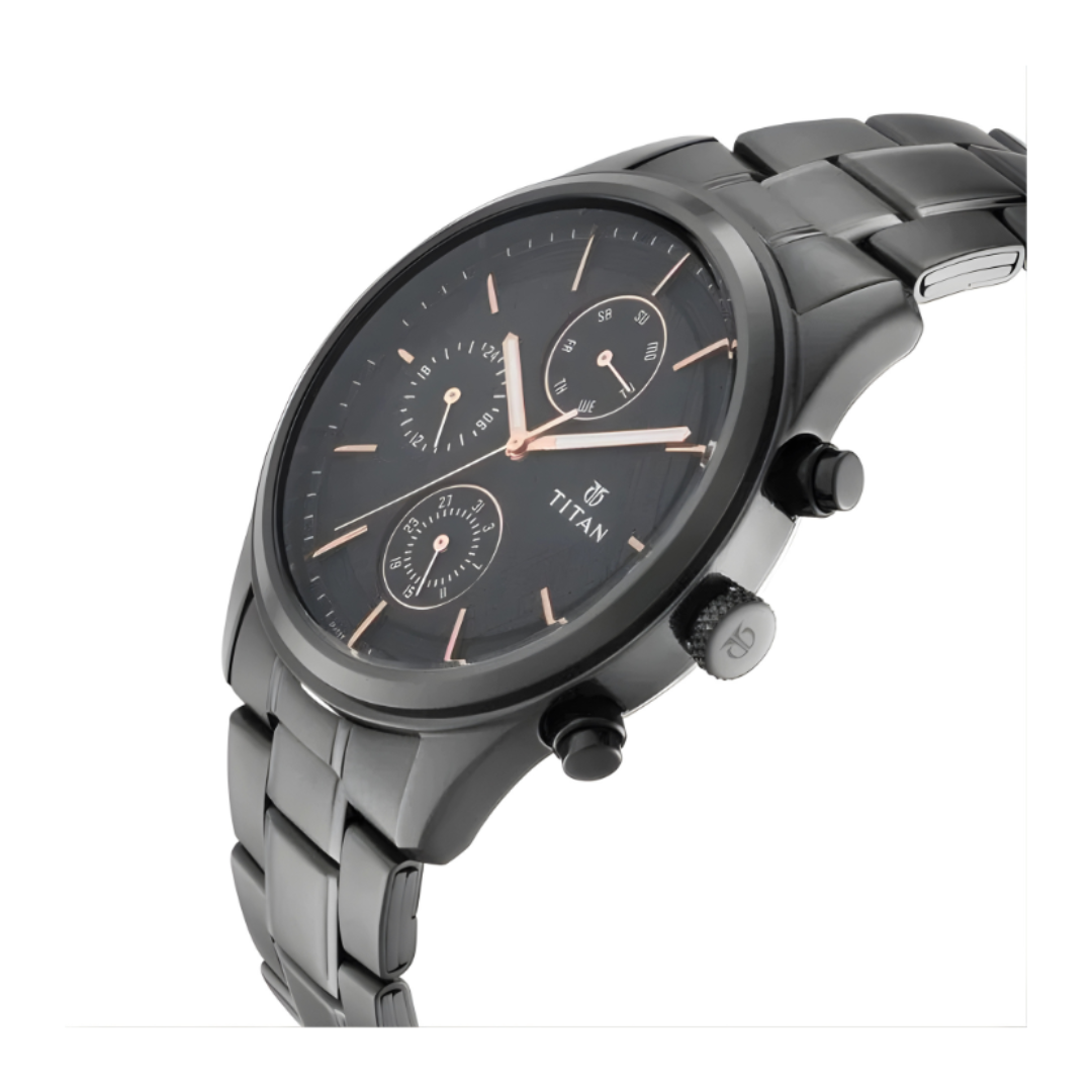Titan 1805NM01 | Titan Workwear Multifunction Black Round Dial Black Metal Strap Watch For Men