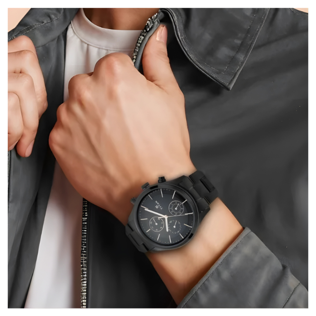 Titan 1805NM01 | Titan Workwear Multifunction Black Round Dial Black Metal Strap Watch For Men
