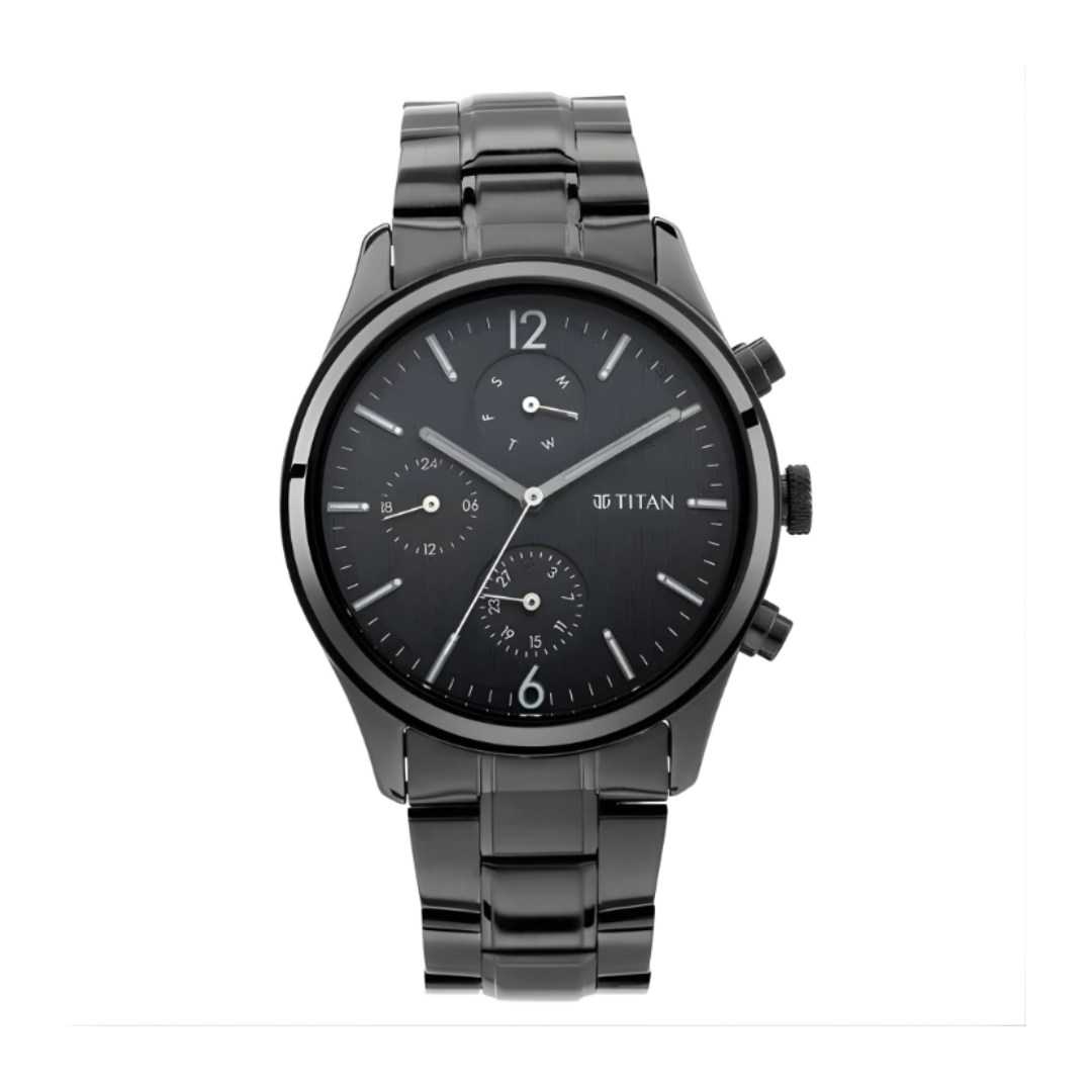 Titan 1805NM02 | Titan Workwear Multifunction Black Dial Black Metal Strap Watch For Men