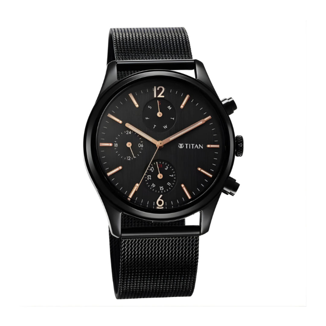 Titan 1805NM05 | Titan Neo Black & Gold Quartz Analog with Day and Date Black Dial Stainless Steel Strap Watch for Men