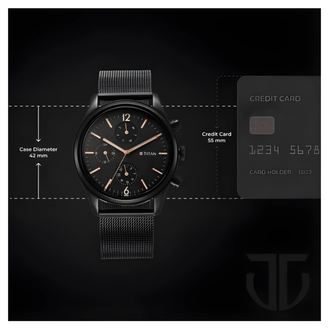 Titan 1805NM05 | Titan Neo Black & Gold Quartz Analog with Day and Date Black Dial Stainless Steel Strap Watch for Men