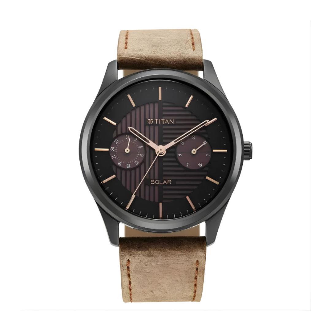 Titan 1805QL02 | Titan Solar Black Dial Quartz Multifunction Leather Strap watch for Men