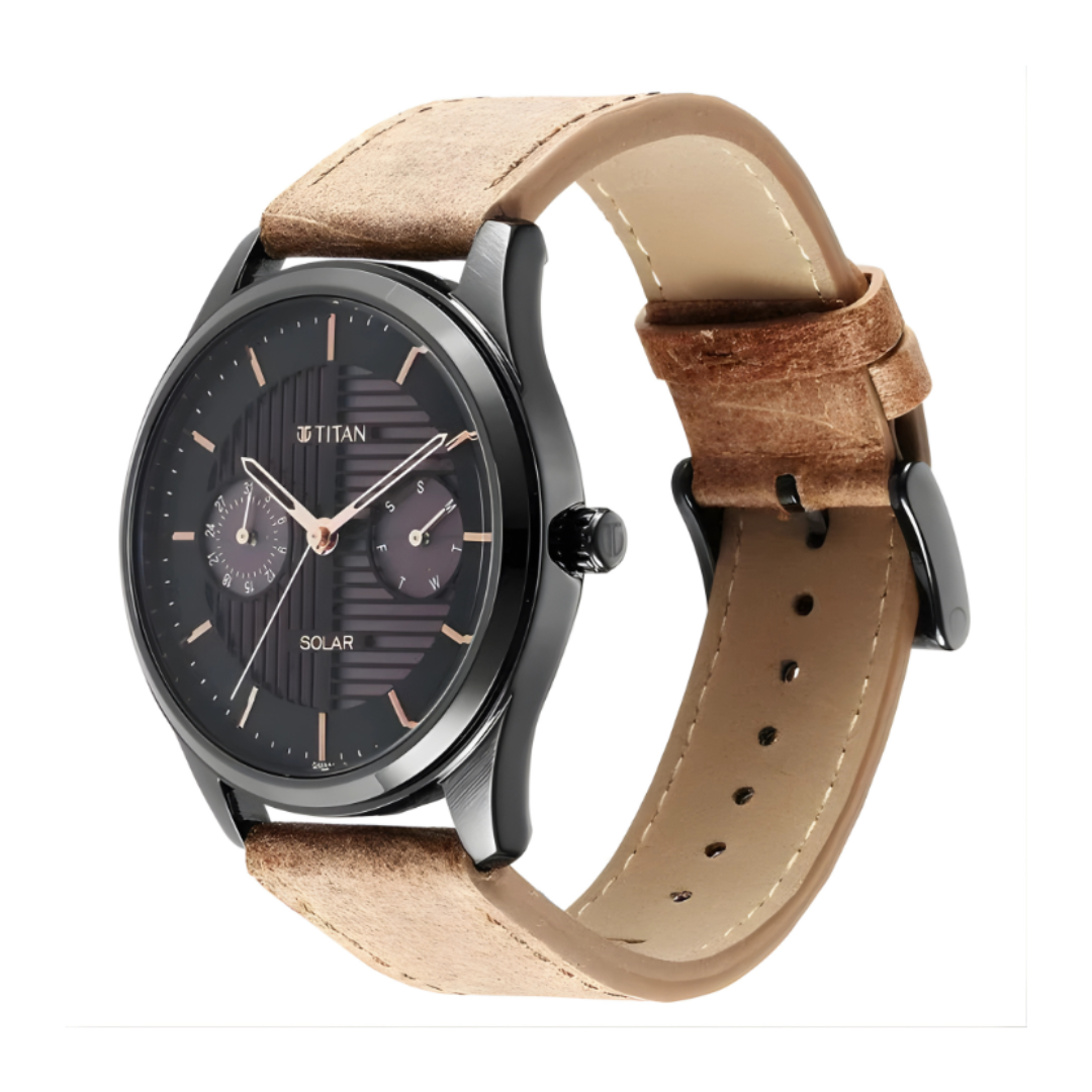 Titan 1805QL02 | Titan Solar Black Dial Quartz Multifunction Leather Strap watch for Men