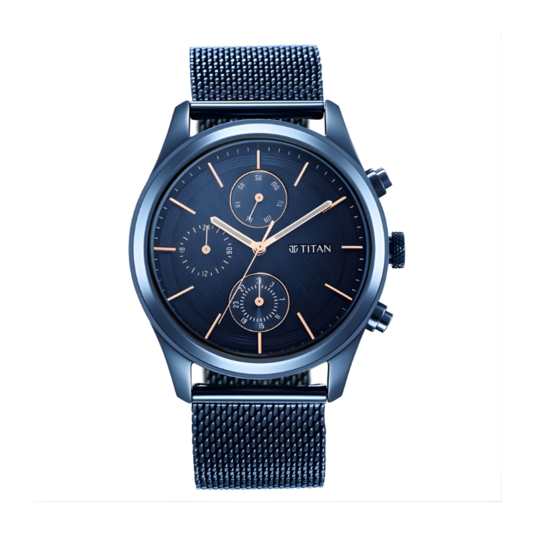 Titan 1805QM02 | Titan Men's Sartorial Neo Splash: Blue Dial Multifunction Watch with Mesh Strap