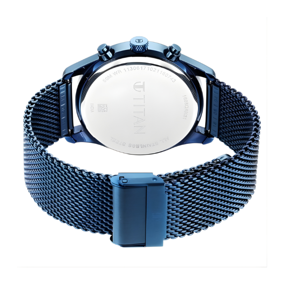 Titan 1805QM02 | Titan Men's Sartorial Neo Splash: Blue Dial Multifunction Watch with Mesh Strap