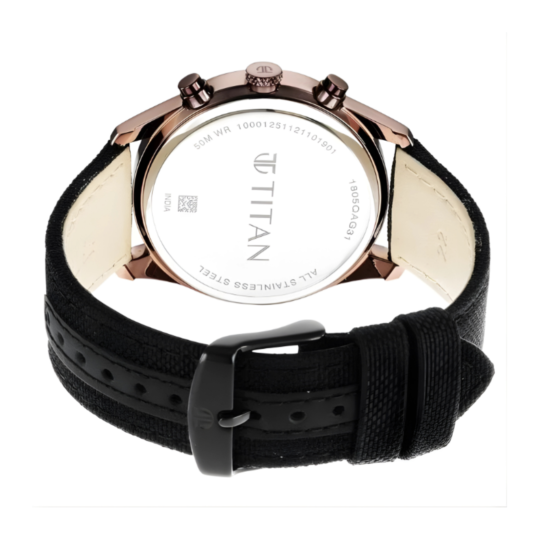 Titan 1805QP01 | Titan Men's Infinity Chrono watch: Precise Blue Dial, Rose Gold Highlights, Durable Leather Strap