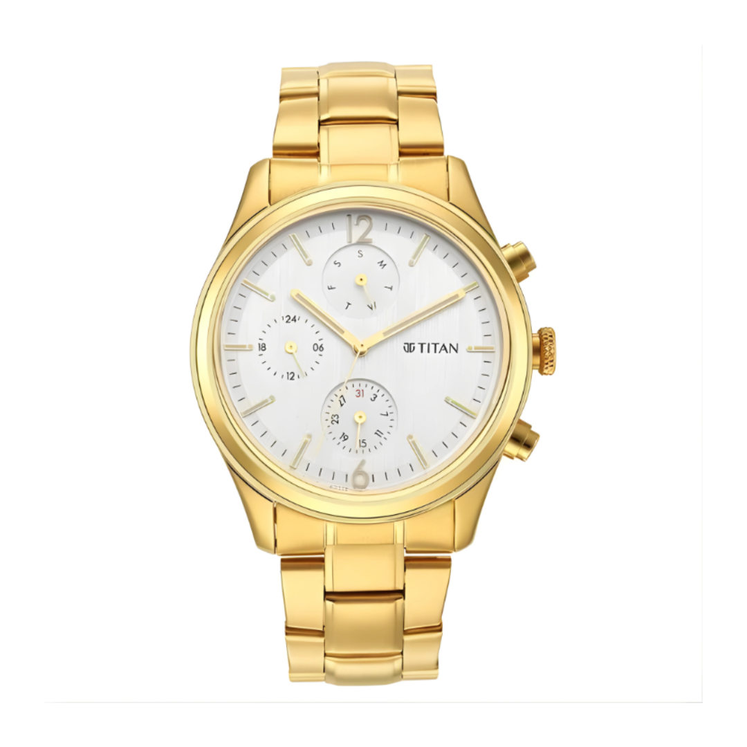 Titan 1805YM01 | Titan Black and Gold Silver Dial Analog with Day and Date Stainless Steel Strap Watch for Men