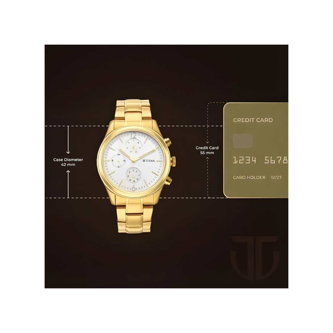 Titan 1805YM01 | Titan Black and Gold Silver Dial Analog with Day and Date Stainless Steel Strap Watch for Men