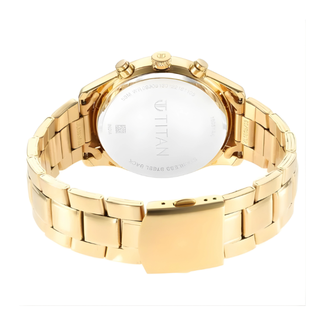 Titan 1805YM01 | Titan Black and Gold Silver Dial Analog with Day and Date Stainless Steel Strap Watch for Men