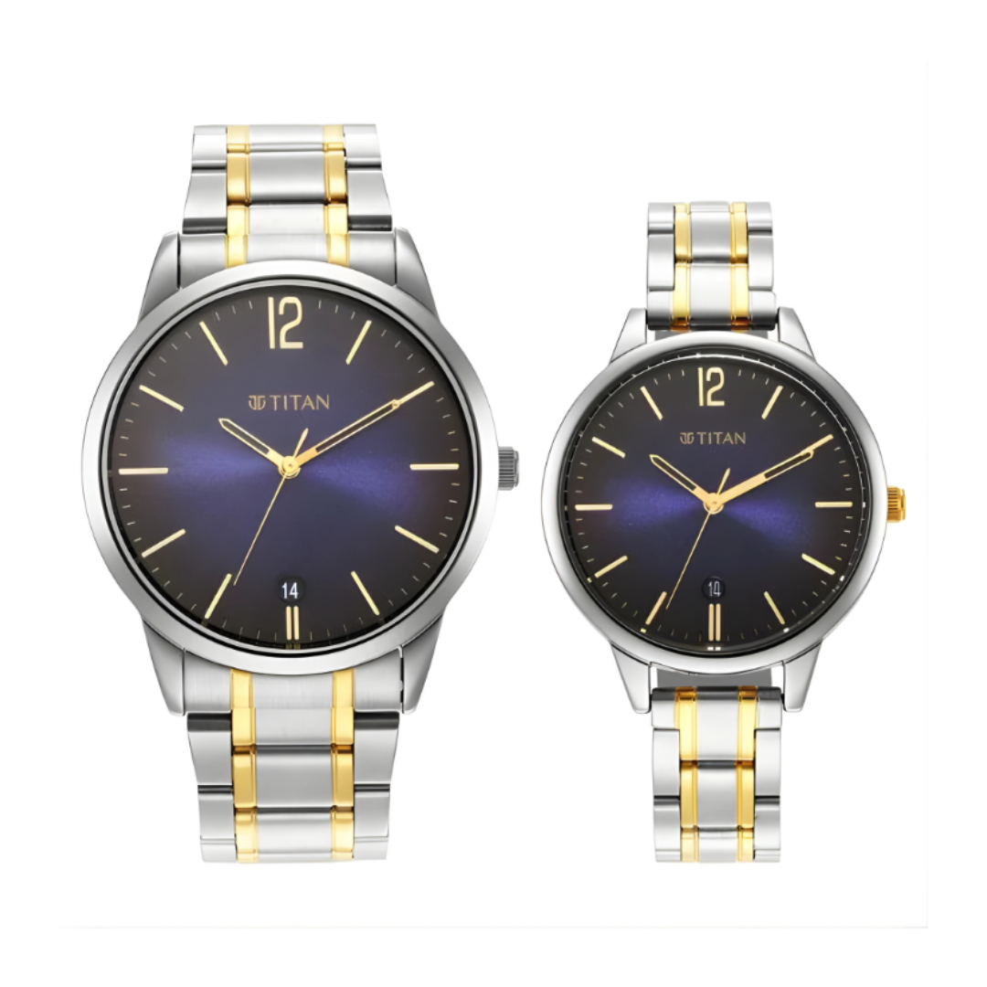 Titan 18062617BM01P | Titan Quartz Analog with Date Blue Dial Stainless Steel Strap Watch for Couple