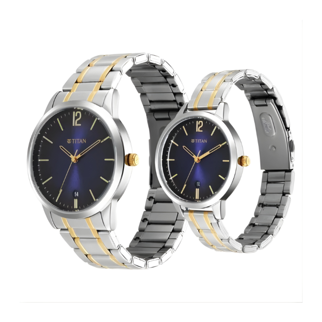 Titan 18062617BM01P | Titan Quartz Analog with Date Blue Dial Stainless Steel Strap Watch for Couple