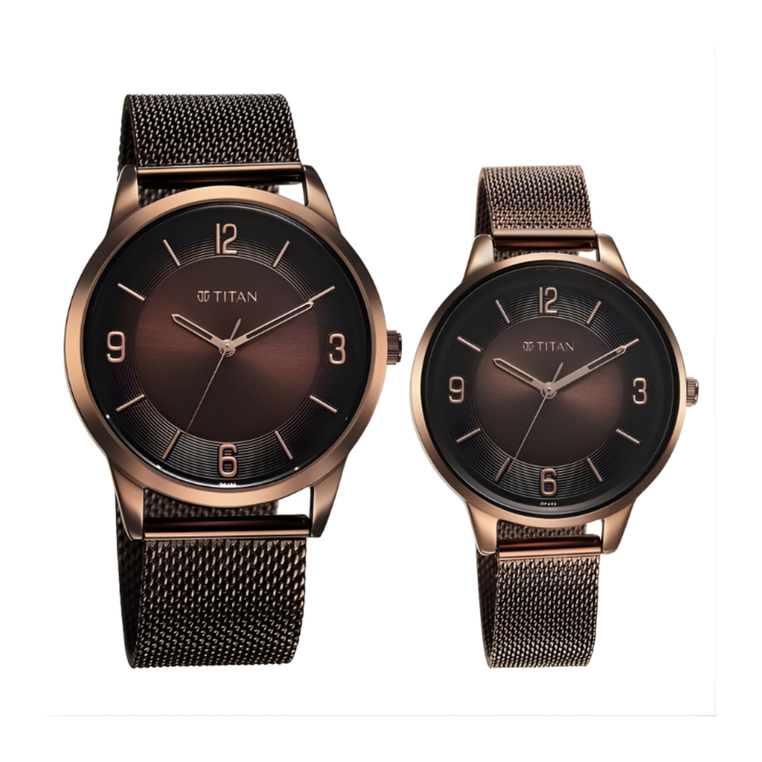 Titan 18062648QM01 | Titan Bandhan Quartz Analog Brown Dial Stainless Steel Strap Watch for Couple