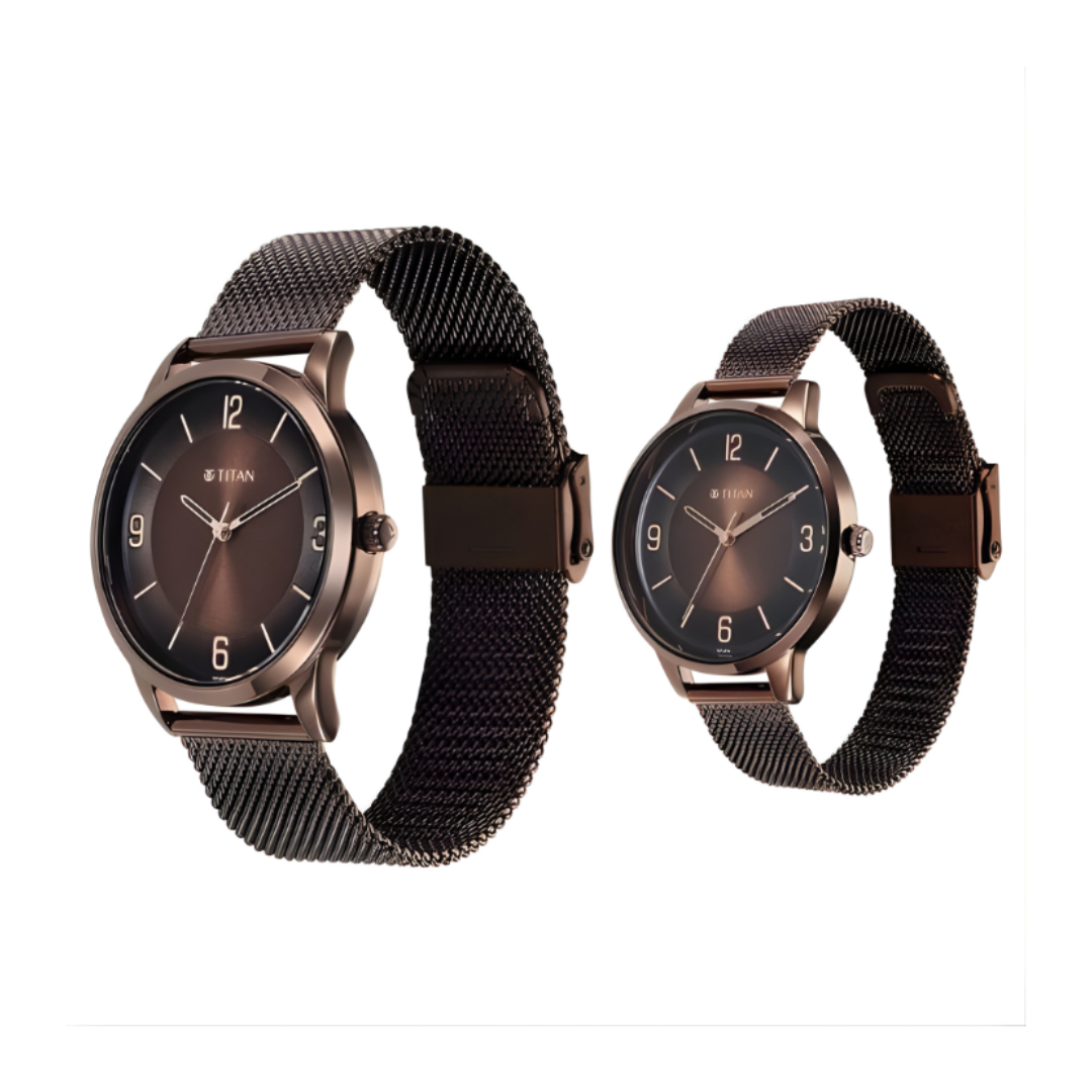 Titan 18062648QM01 | Titan Bandhan Quartz Analog Brown Dial Stainless Steel Strap Watch for Couple