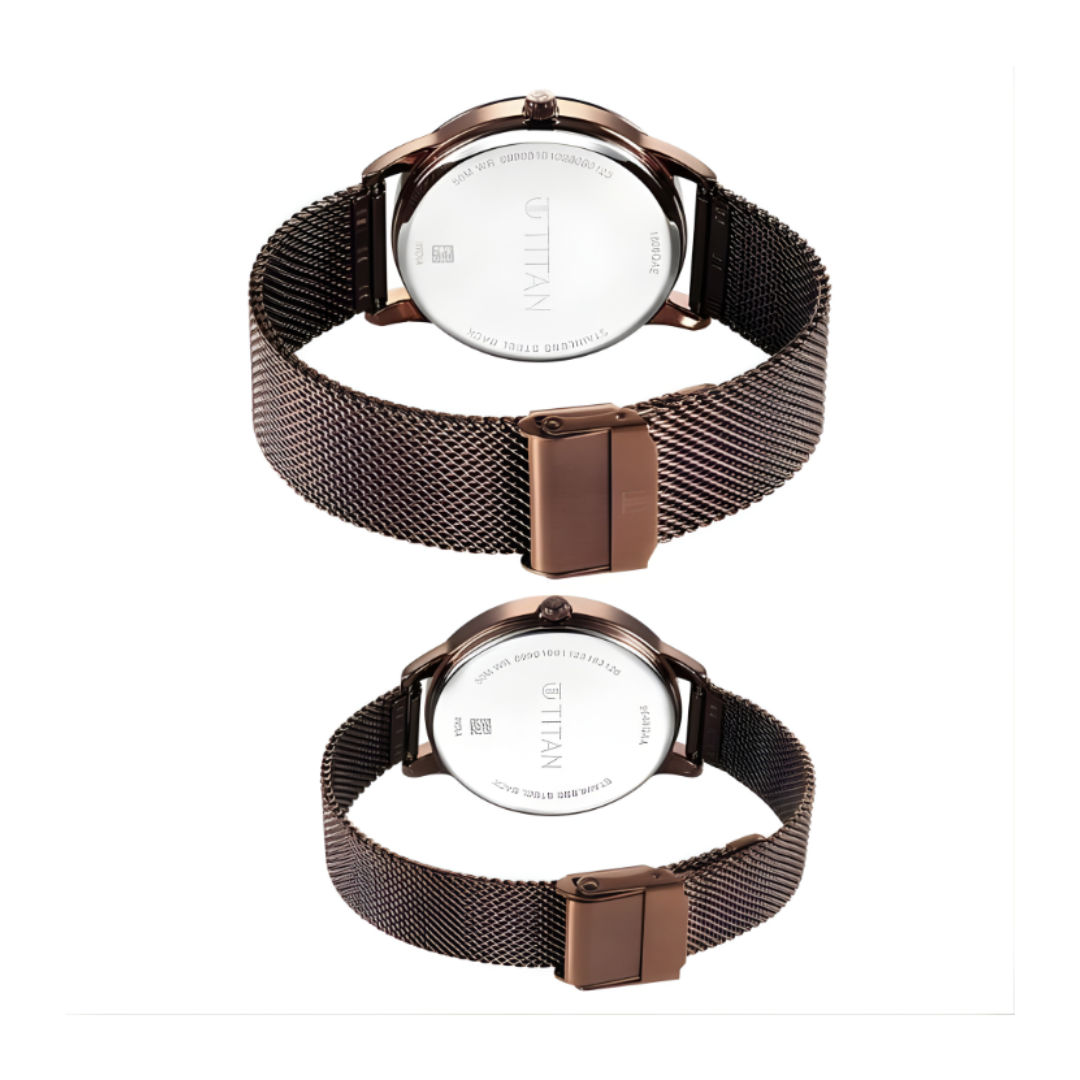 Titan 18062648QM01 | Titan Bandhan Quartz Analog Brown Dial Stainless Steel Strap Watch for Couple