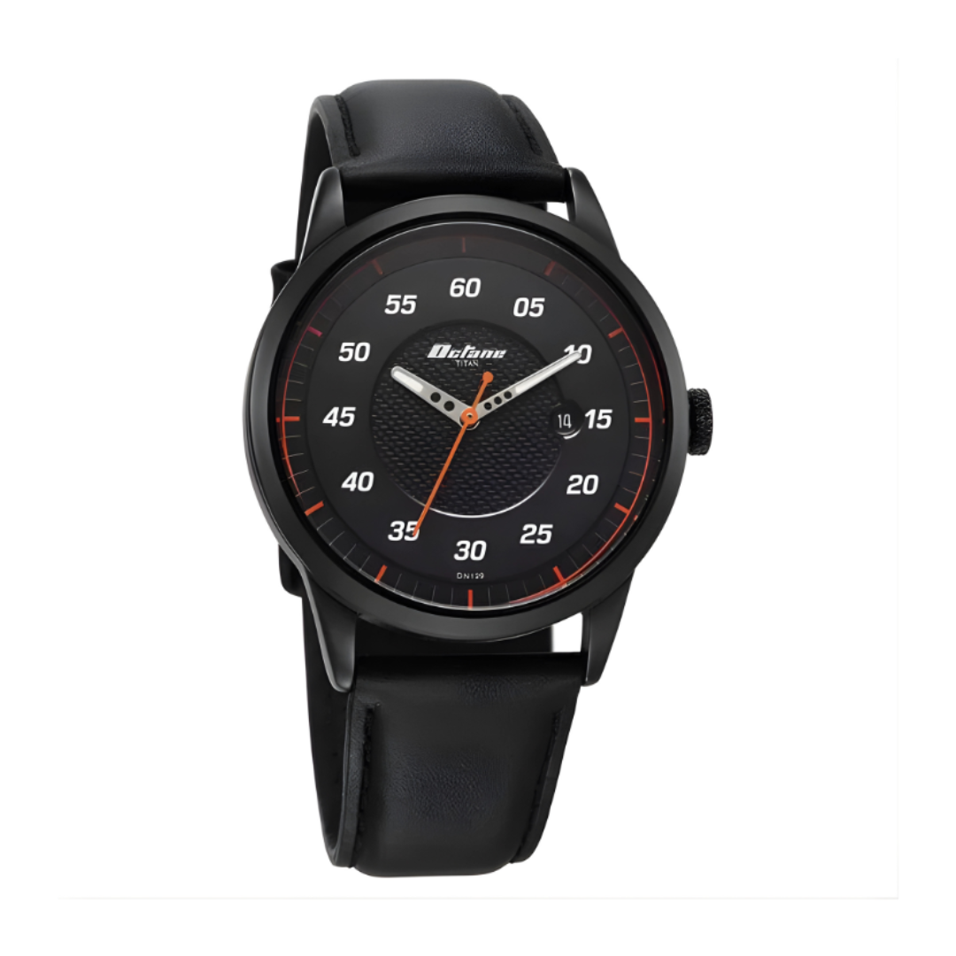 Titan 1806NL05 | Titan Octane Quartz Analog with Date Black Dial With Black Leather Strap Watch For Men