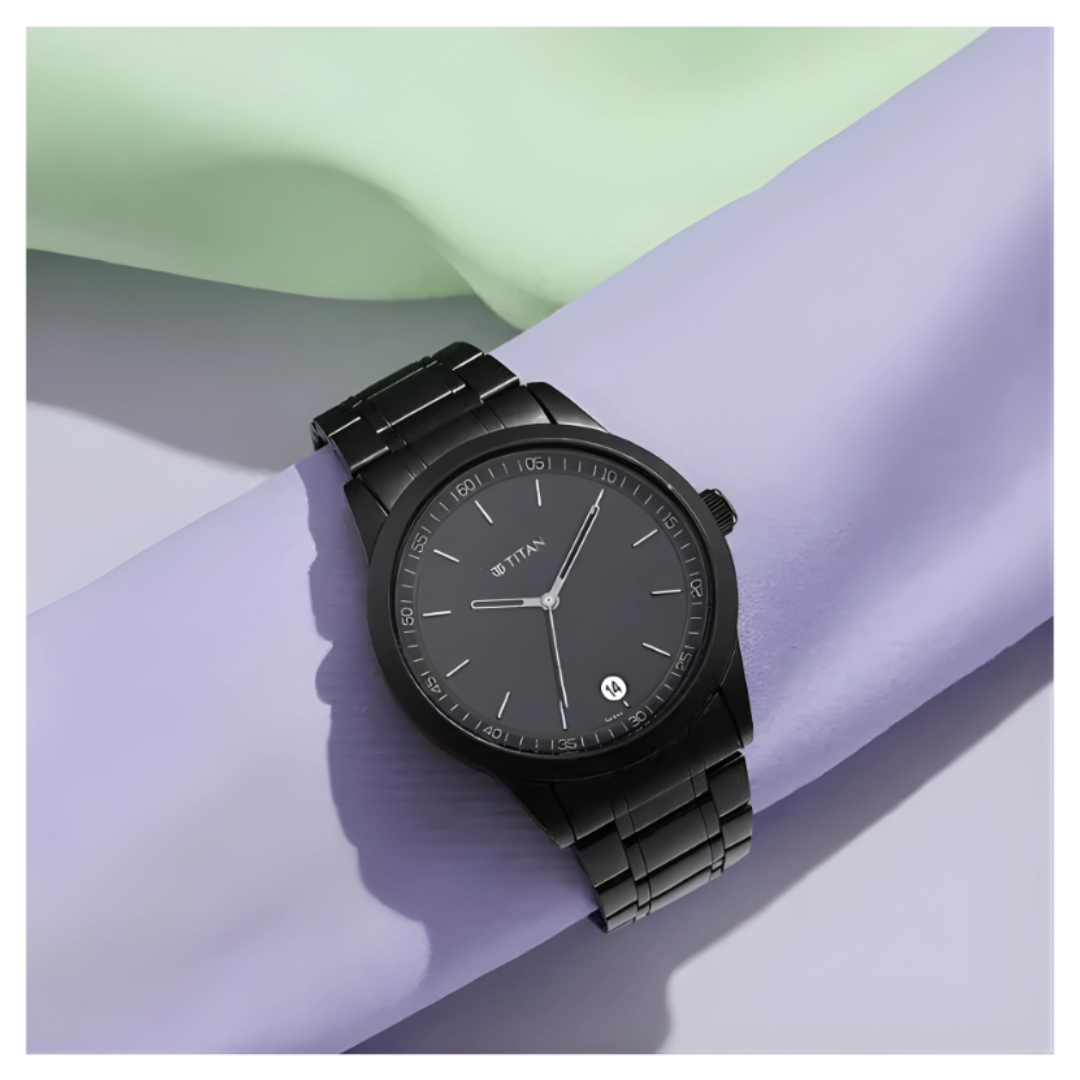 Titan 1806NM01 | Titan Minimals Quartz Analog with Date Black Dial Black Metal Strap Watch For Men