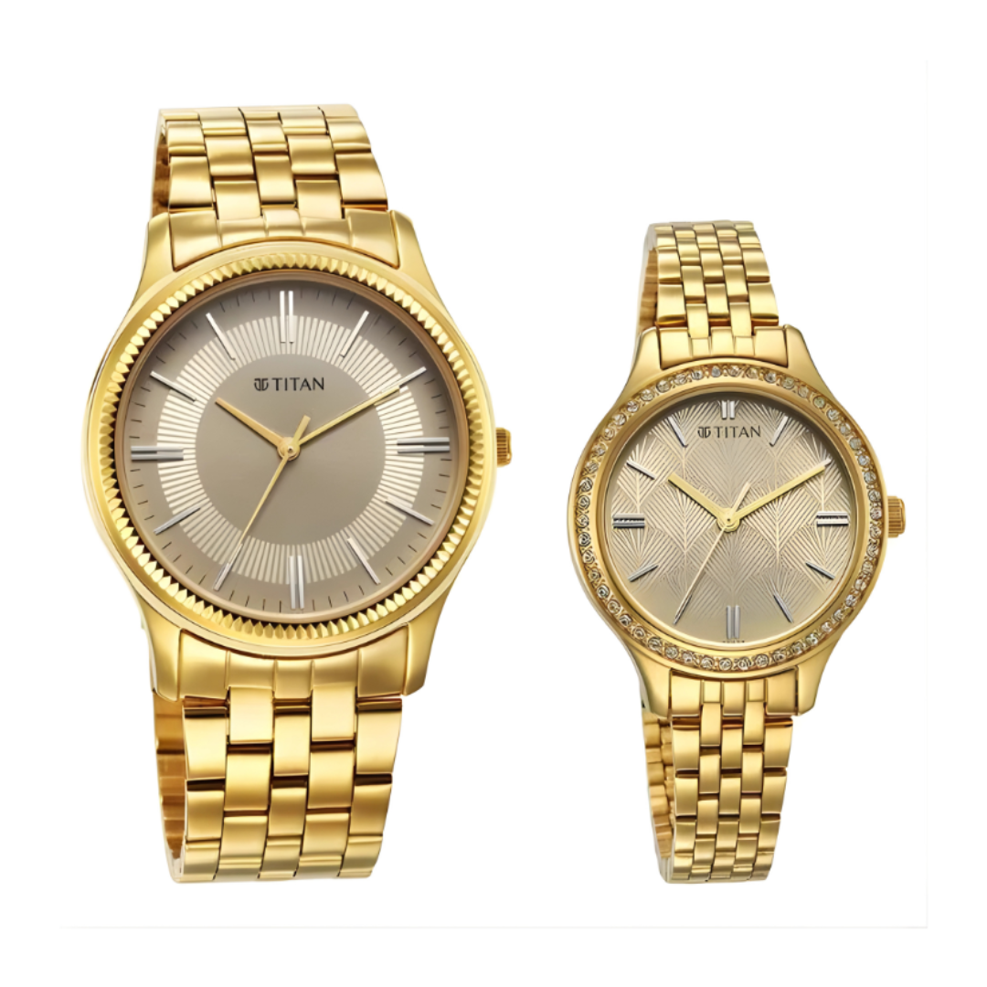 Titan 18242712YM01P | Titan Karishma Bandhan Champagne Dial Analog Stainless Steel Strap watch for Couple