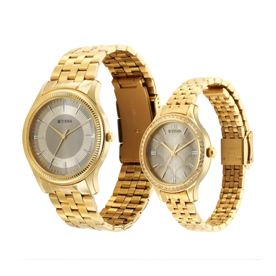 Titan 18242712YM01P | Titan Karishma Bandhan Champagne Dial Analog Stainless Steel Strap watch for Couple