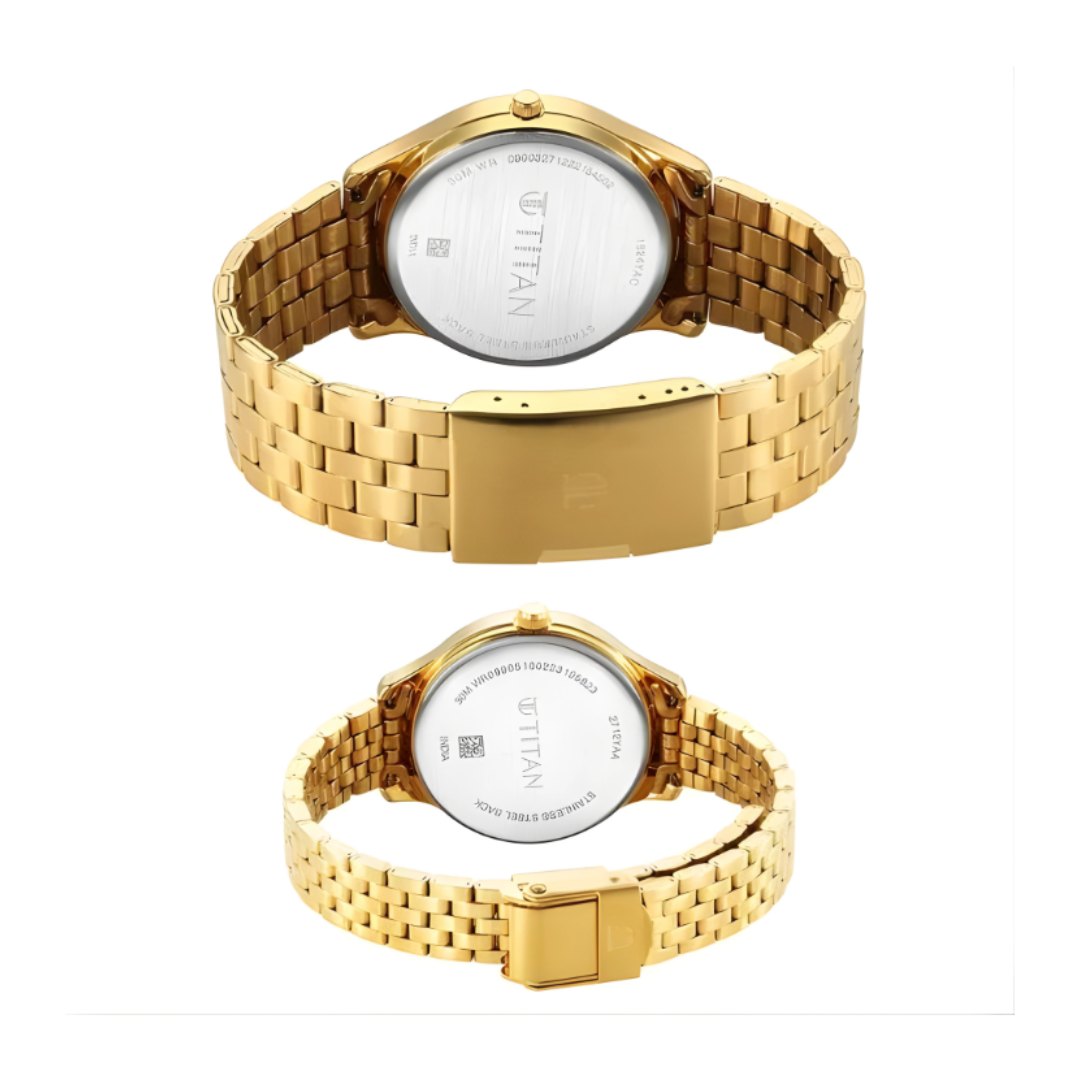 Titan 18242712YM01P | Titan Karishma Bandhan Champagne Dial Analog Stainless Steel Strap watch for Couple