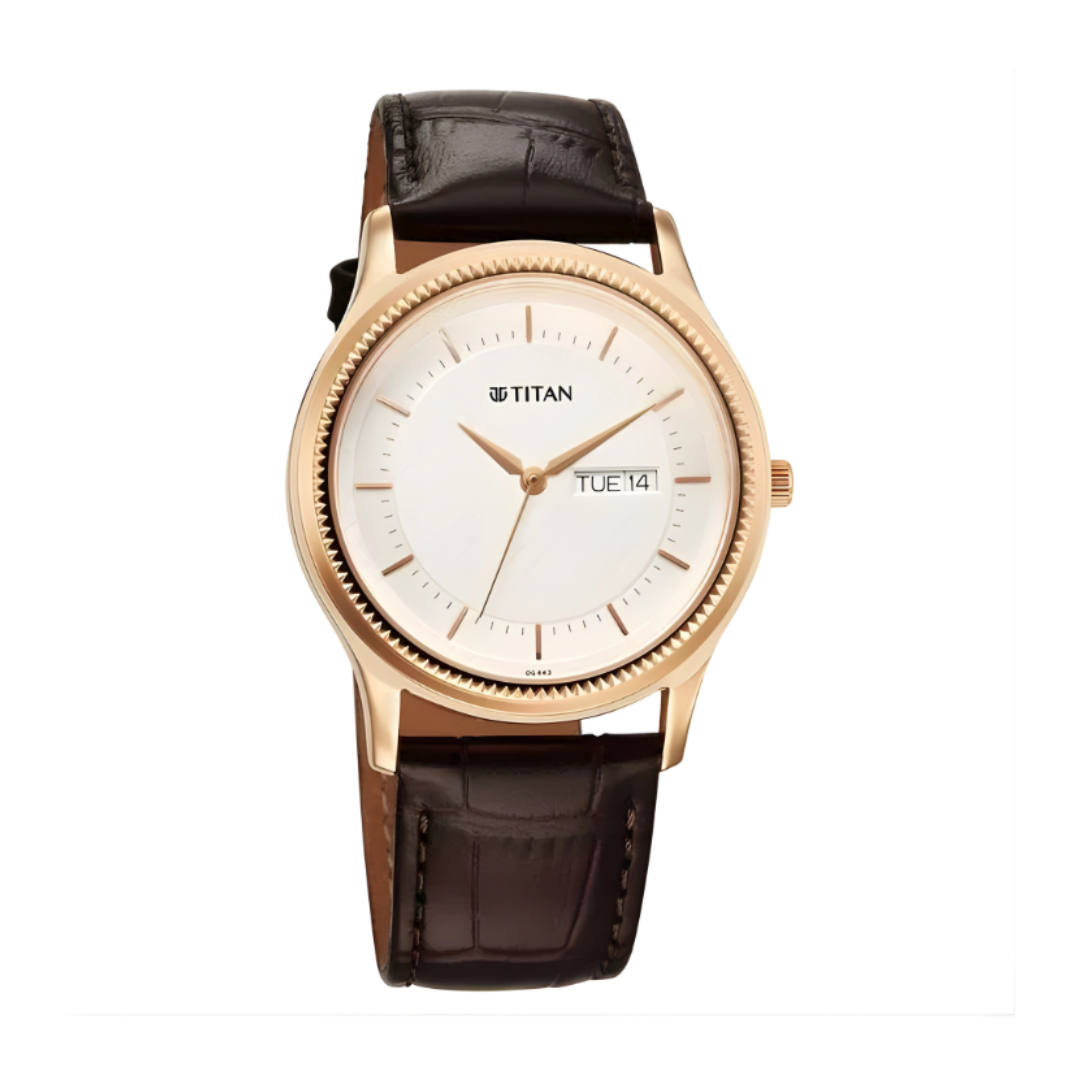 Titan 1824WL03 | Titan Karishma Quartz Analog with Day and Date Silver Dial Leather Strap Watch For Men