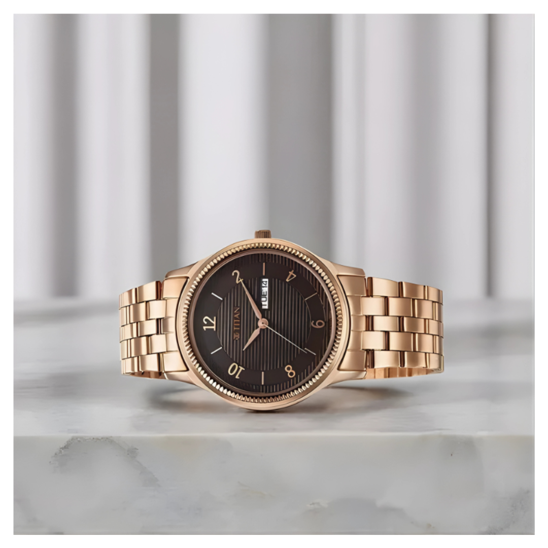 Titan 1824WM01 | Titan Karishma Brown Dial Analog with Day and Date Stainless Steel Strap Watch for Men