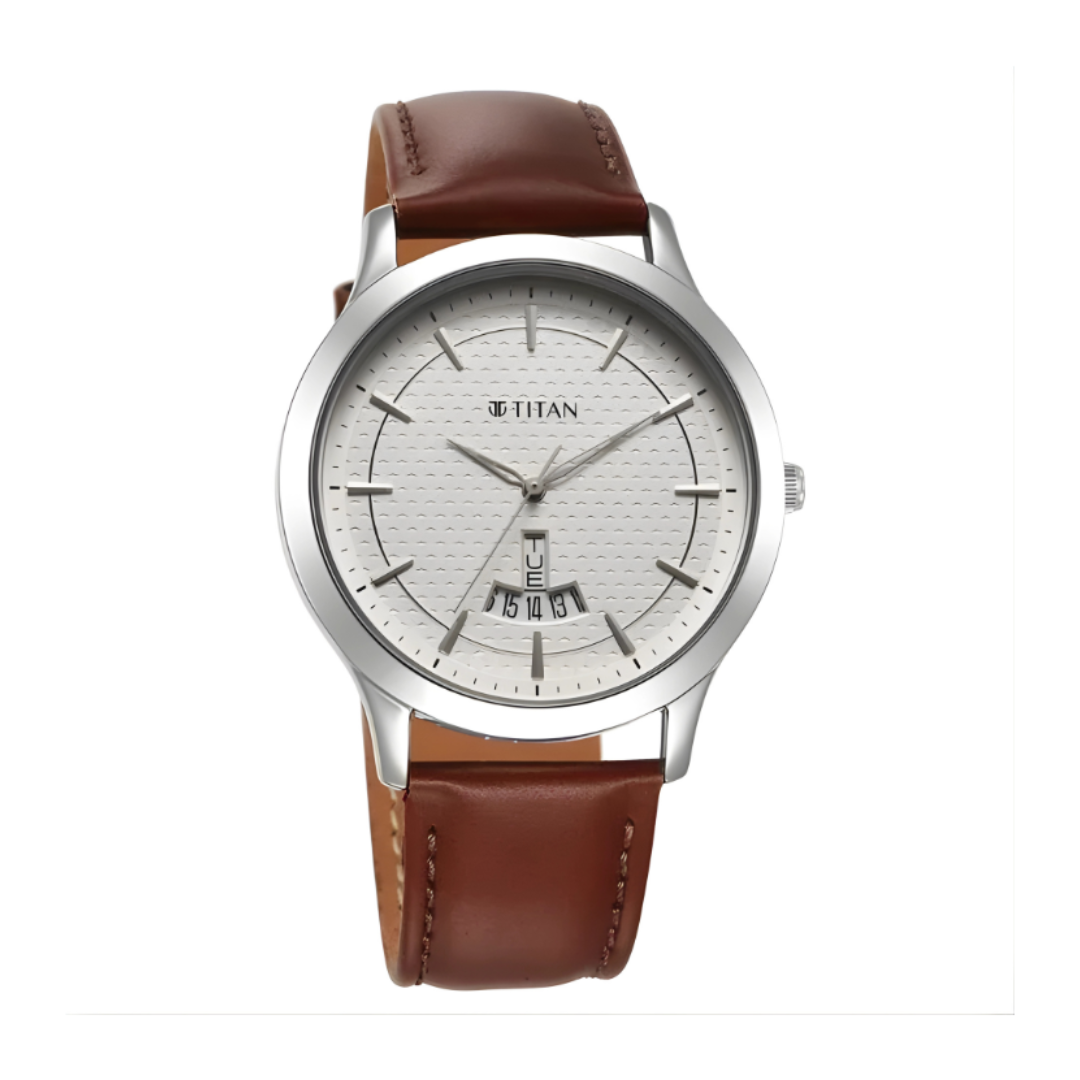 Titan 1825SL15 | Titan Karishma Quartz Analog Silver Dial Leather Strap Watch for Men