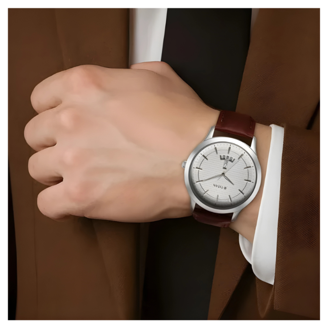 Titan 1825SL15 | Titan Karishma Quartz Analog Silver Dial Leather Strap Watch for Men